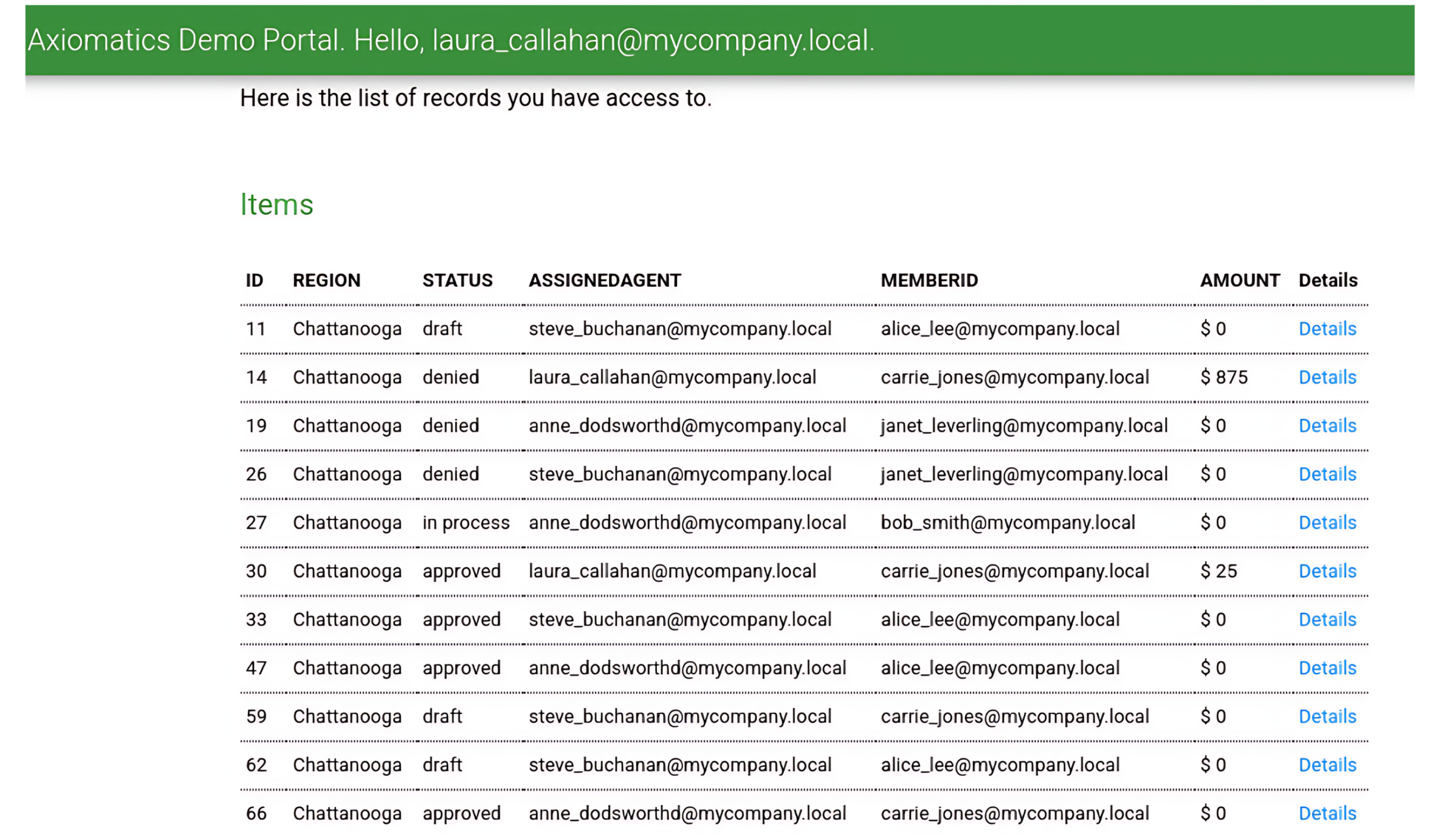 Axiomatics demo portal records access list screenshot