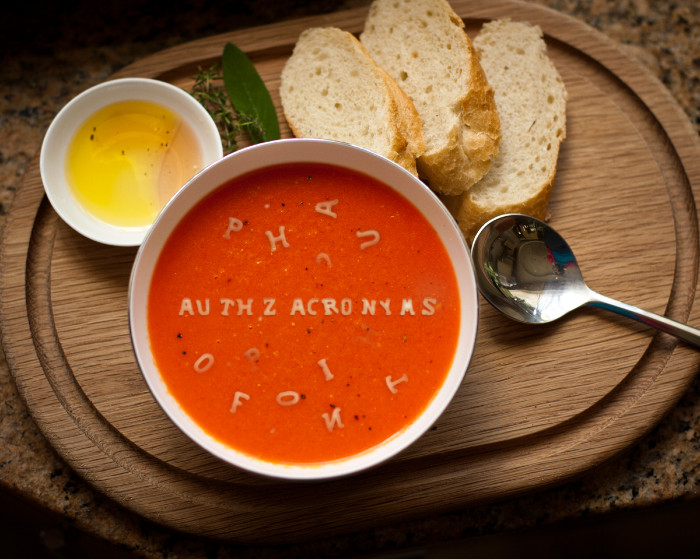Bowl of alphabet soup with authZ acronyms spelt out in the soup.